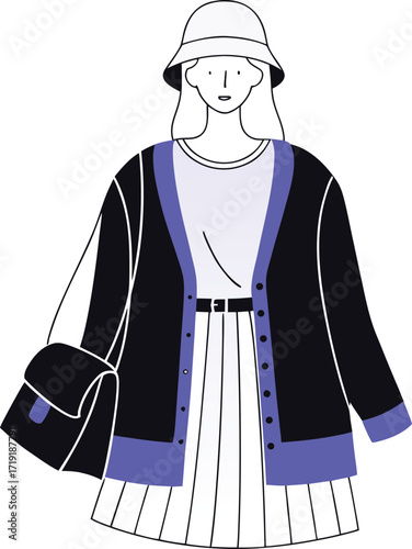 Woman in stylish outfit with cardigan and bucket hat Keywords: woman, fashion, outfit, cardigan