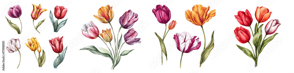 Fototapeta premium Watercolor Tulip Collection: Isolated Floral Elements for Design