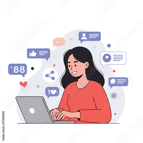 A vibrant flat 2D vector illustration portrays a young woman enthusiastically typing on a laptop, surrounded by floating social media icons, embodying online content creation and digital engagement.