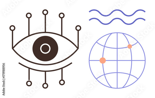 Eye with connected points symbolizes foresight and technology, globe with dots suggests global networks, wavy lines depict dynamic flow. Ideal for digital, innovation, technology, connection, global