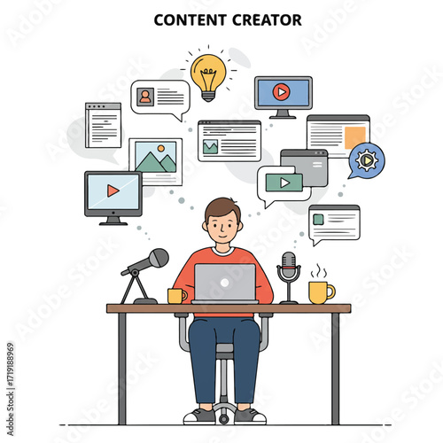A flat 2D vector illustration depicts a content creator at a desk with a laptop, camera, and microphone, surrounded by floating creative content ideas.