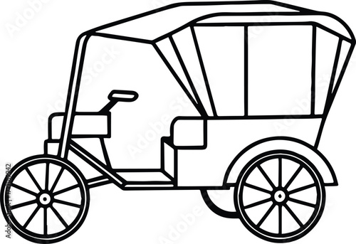 motorized rickshaw line art, black outline, vector and illustration