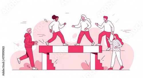 Diverse team overcoming hurdles on path to success illustration Challenge Growth Business Collaboration Progress Teamwork Achievement Obstacle