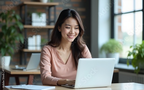 Young asian entrepreneur manager businesswoman using pc for communication  learning at workplace. Focused mature eastern business woman working on laptop computer sitting at office workplace desk