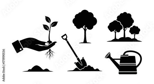 Gardening Icon Set Vector with Minimalist Plant Tree Shovel and Watering Can Silhouettes in Black