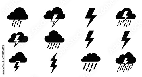 Minimalist Storm Weather Vector Icon Set with Black Cloud Rain and Lightning Glyphs