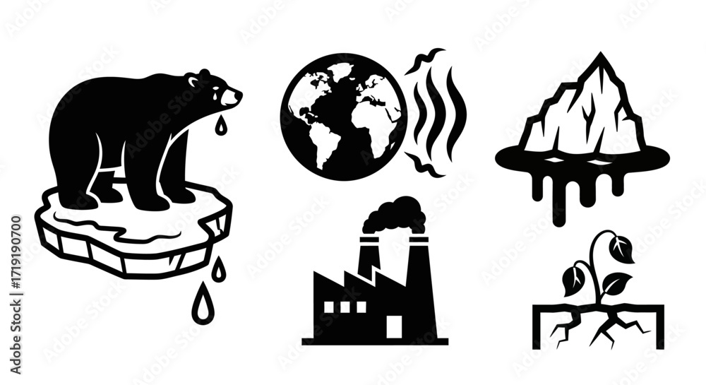 Fototapeta premium Climate Change Vector Icon Set with Global Warming and Pollution Symbols