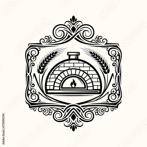 Wood fired oven emblem with wheat and ornate frame.