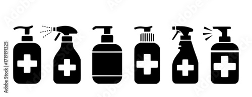 Collection of Hand Sanitizer and Disinfectant Spray Bottle Icons with Cross Symbol