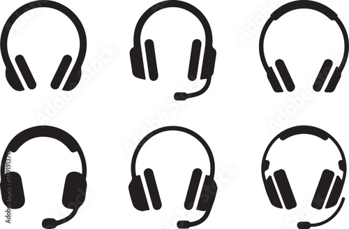 Six black silhouette icons of headphones and headsets on white audio sound