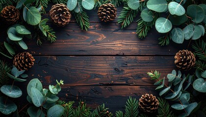 Festive arrangement of eucalyptus, pine branches, and pinecones creates a holiday-themed border on a dark wooden background