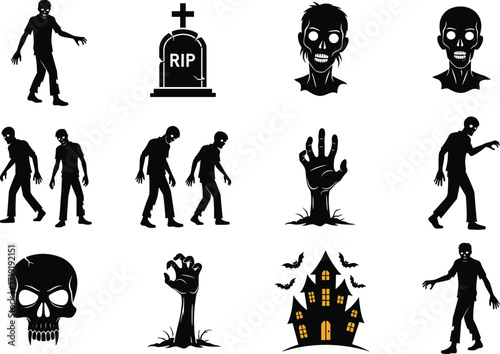 Halloween zombie silhouettes, spooky graveyard icons, haunted house illustration, creepy undead figures, horror clipart set, scary Halloween graphics, dark themed art