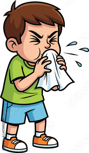 Cartoon boy sneezing, hygiene illustration, health awareness art, tissue use concept, educational sneeze image, germ prevention, child sneezing drawing, clean habits icon