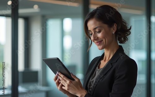 Latin Hispanic mature adult professional business woman looking aside after using pc. European businesswoman CEO holding digital tablet working fintech tab application standing at workplace in office.