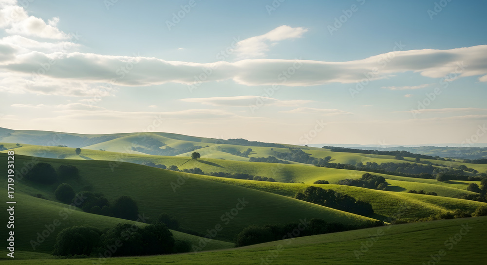 Obraz premium Lush Rolling Hills Under a Serene Sky in Summer Green