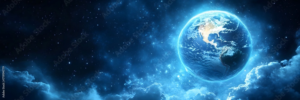 Obraz premium Bright blue planet Earth surrounded by stars and clouds in the vast universe at night
