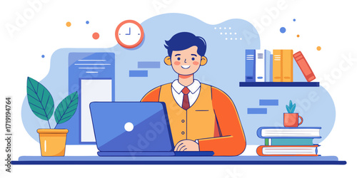 Happy man working on a laptop at his desk with books and plants