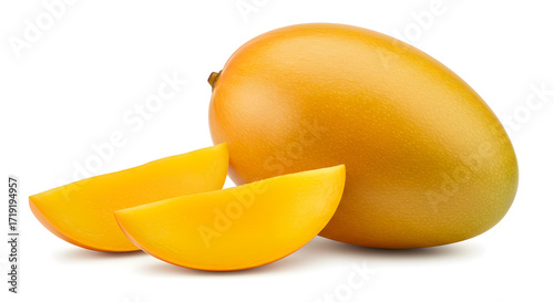 Fototapeta Naklejka Na Ścianę i Meble -  A whole mango and two mango slices isolated on white background, showcasing the tropical fruits vibrant color and smooth, juicy texture