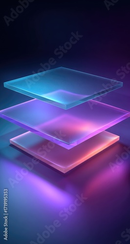 Three translucent squares, stacked vertically, bathed in vibrant neon light