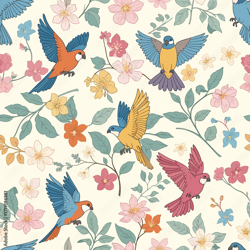 Obraz premium Vibrant macaws and delicate floral blooms create a whimsical avian garden pattern.