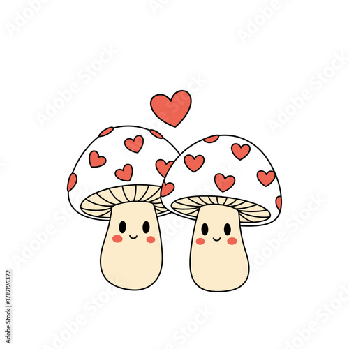 Two adorable mushrooms sharing love and happiness in a whimsical forest setting
