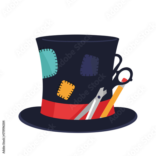 A whimsical black top hat decorated with colorful fabric patches and adorned with scissors and a pencil.