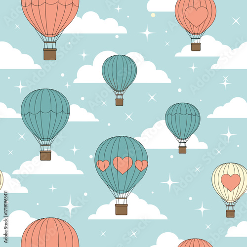 Whimsical hot air balloons float among clouds and stars in a dreamy sky.