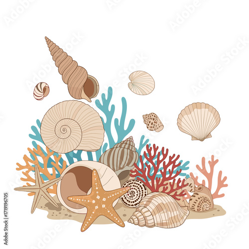 A colorful collection of seashells and coral on the ocean floor.