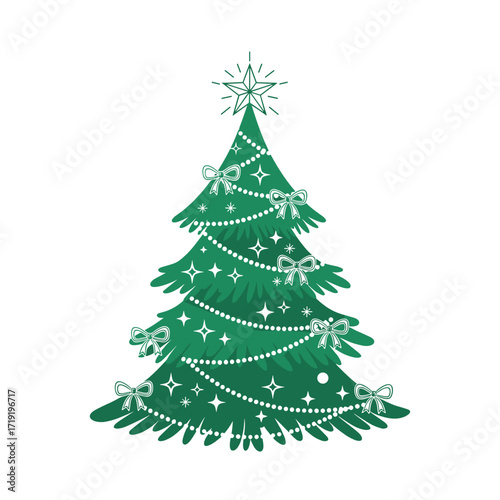 A festive green Christmas tree decorated with sparkling ornaments and strings of lights.