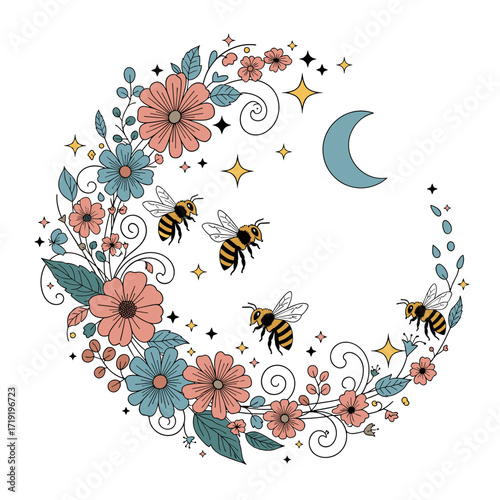 Whimsical floral crescent moon with buzzing bees and twinkling stars surrounded by delicate vines and small blossoms.