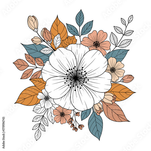 A beautiful arrangement of colorful flowers and leaves creates a charming botanical design.