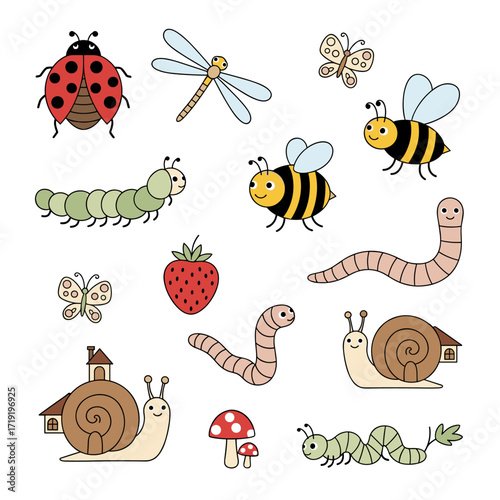 A charming collection of various delightful garden insects and small creatures including bees ladybugs butterflies snails caterpillars and earthworms.
