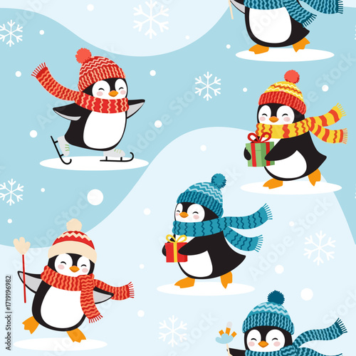 Cute penguins enjoying a winter wonderland with festive gifts and ice skating adventures.
