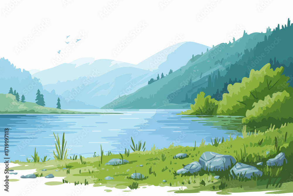 Ταπετσαρία Tranquil lake scene with distant mountains and peaceful shore line illustration