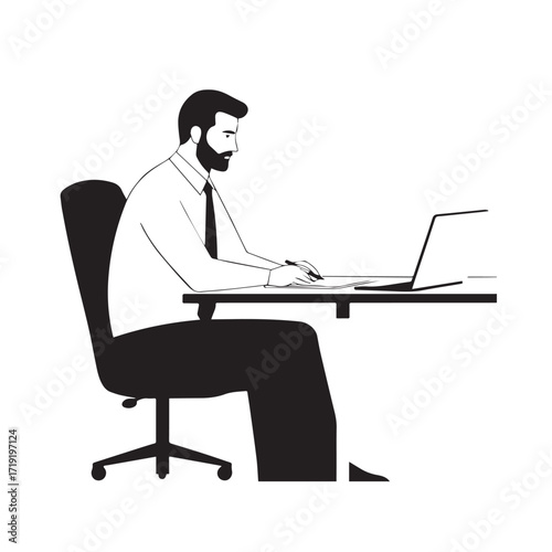 Black and white line art of a hardworking man at office desk with laptop and documents minimalist illustration