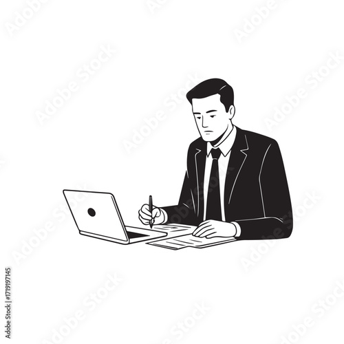 Black and white line art of a hardworking man at office desk with laptop and documents minimalist illustration