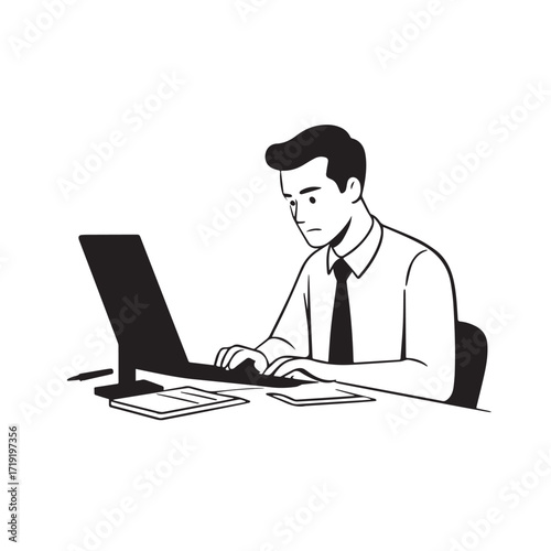 Black and white line art of a hardworking man at office desk with laptop and documents minimalist illustration