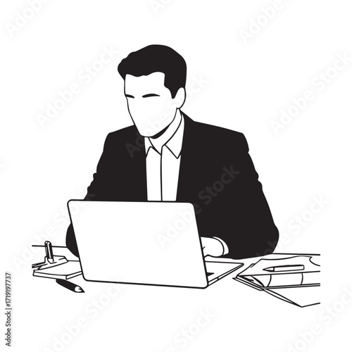 Black and white line art of a hardworking man at office desk with laptop and documents minimalist illustration