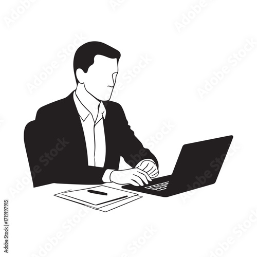 Black and white line art of a hardworking man at office desk with laptop and documents minimalist illustration