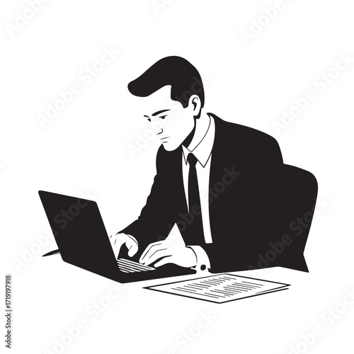 Black and white line art of a hardworking man at office desk with laptop and documents minimalist illustration