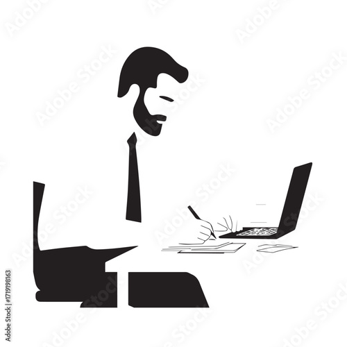 Black and white line art of a hardworking man at office desk with laptop and documents minimalist illustration