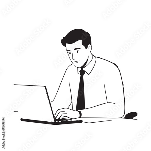 Black and white line art of a hardworking man at office desk with laptop and documents minimalist illustration