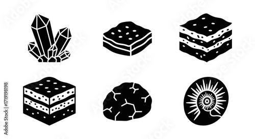 Geology Icon Set Vector with Crystal Fossil and Earth Layer Elements