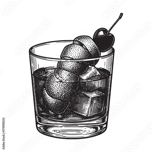Old Fashioned cocktail engraving vector style