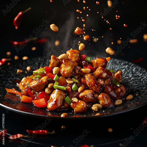 Delicious Kung Pao Chicken with peanuts chili peppers and scallions on a dark plate