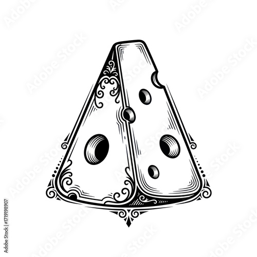 An ornate black and white illustration of a triangular wedge of Swiss cheese decorated with intricate filigree.