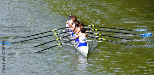 Ladies Eights  rowing team on river 
