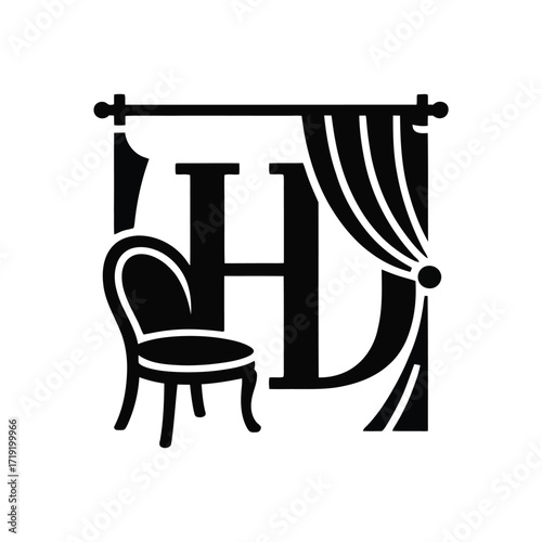 HD initials emblem with luxury sofa and curtain, minimalist home decor branding logo for interior designers, scalable vector graphic asset