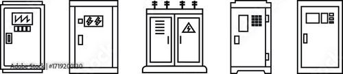 Electrical Control Panel Icon Set Black Line Style Cabinet Symbol Collection Group of Switchboard, Fuse Box, Circuit Breaker, Power Box, Switchgear, Distribution Board Vector
