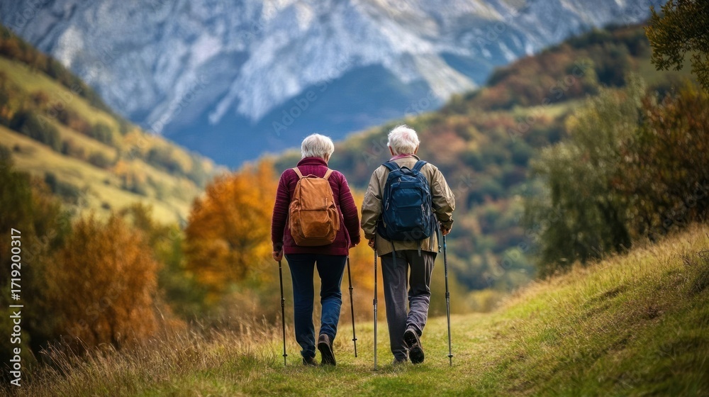Obraz premium Elderly couple hiking backpacks walking mountains.